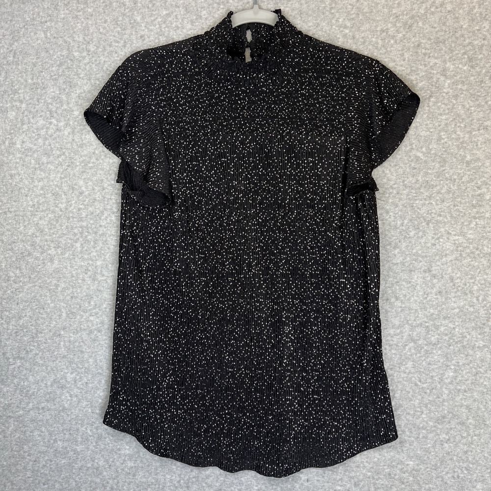 Adrianna Papell Black Silver Pleated Foil Smocked Yoke Top AD1S301078 Small